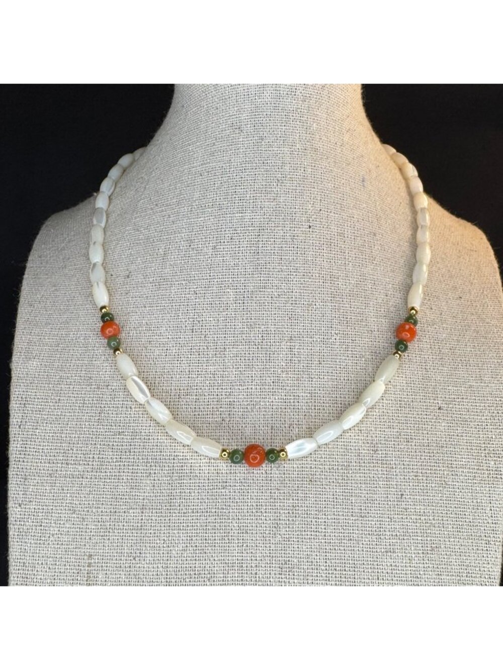 Gold Tone Clasp Coral Jade Mother of Pearl Bead Strand Necklace Size 16" Length